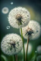 Spring background, with white dandelions, close up, generative ai