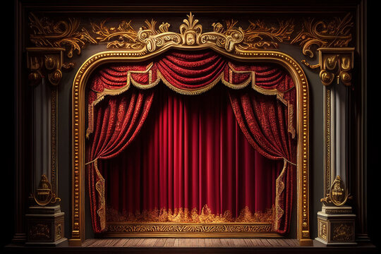 A theater with a red curtain and a stage with a red curtain and a red curtain and a gold trim around the seats and a gold framed doorway with a red curtain and gold trim