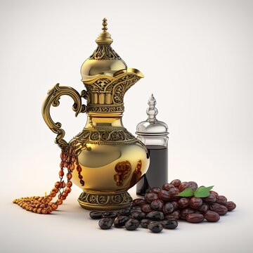 Arabic coffee pot with coffee beans and rosary on white background. Generative ai