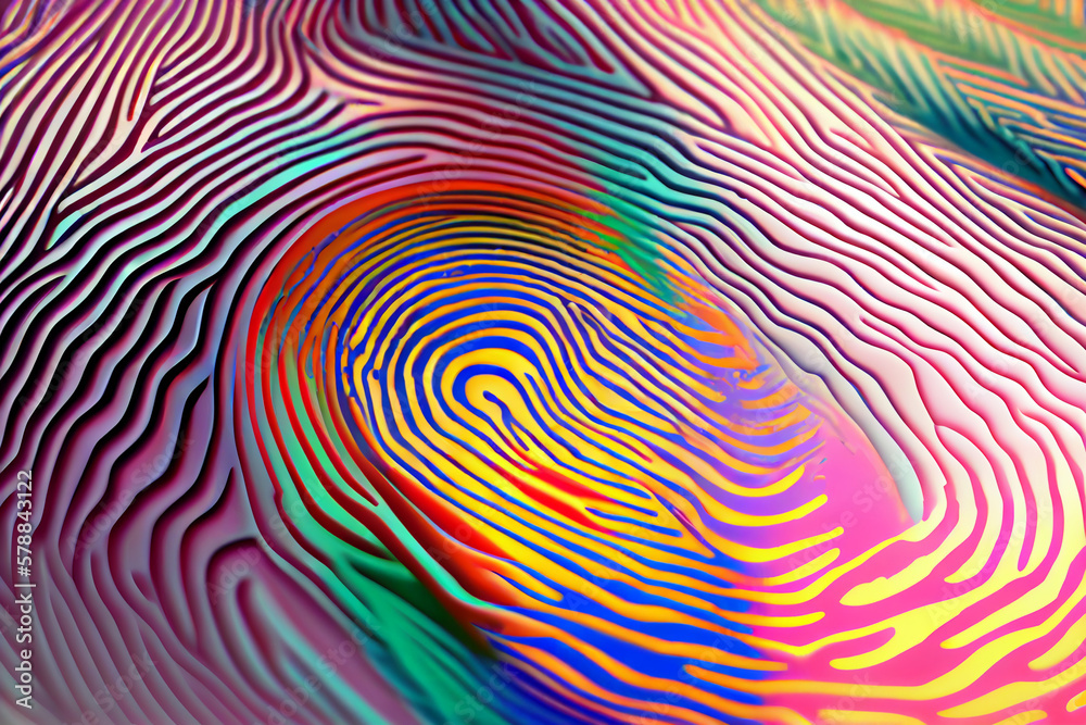Poster An abstract image of a fingerprint with vibrant, multi-colored swirls and patterns, suggesting uniqueness and individuality. Generative AI technology.