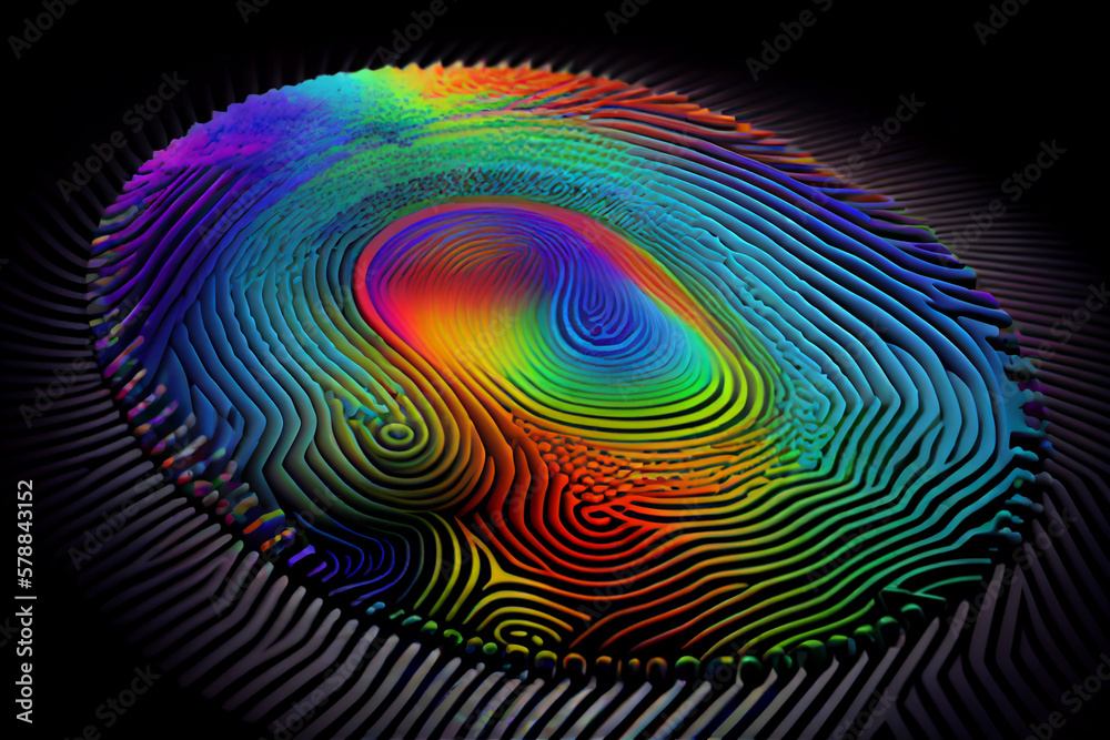Fototapete An abstract image of a fingerprint with vibrant, multi-colored swirls and patterns, suggesting uniqueness and individuality. Generative AI technology.
