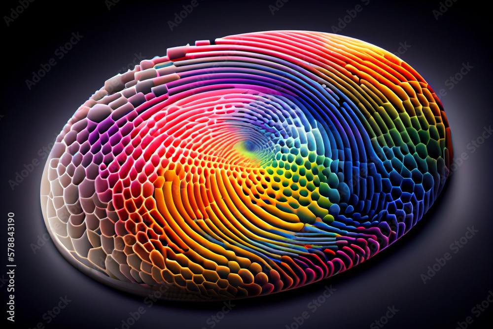Fototapete An abstract image of a fingerprint with vibrant, multi-colored swirls and patterns, suggesting uniqueness and individuality. Generative AI technology.
