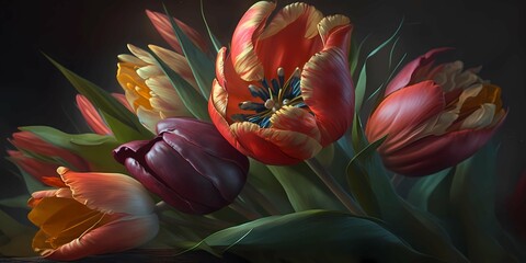Colorful tulip bouquet with red, orange, and purple blooms. Spring, nature, and freshness concept. Generative AI.