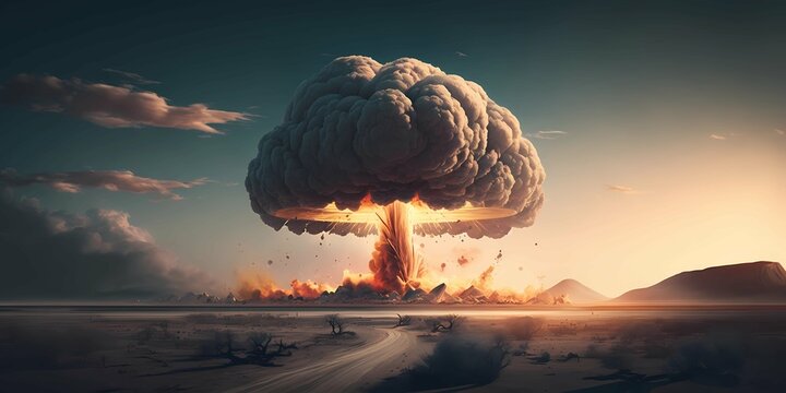 Atomic nuclear bomb exploding during a war crisis. Radioactive weapon. Nuclear tests. Generative AI.