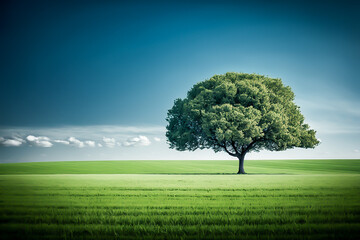 Fototapeta na wymiar Tree in green field and blue sky, background, generative ai