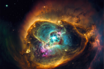 Obraz na płótnie Canvas Green nebula with stars. Fantasy galaxy generative AI background