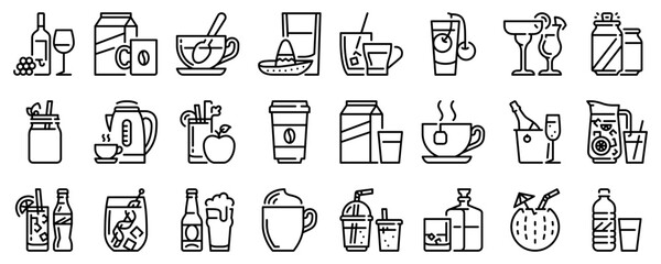 Line icons about beverages on transparent background with editable stroke.
