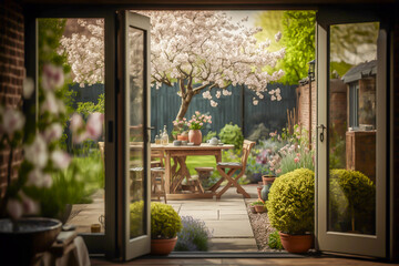 Beautiful garden and patio outdoor in springtime, spring, generative ai