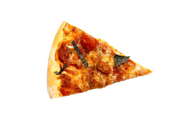 Pizza cut in slice on white background.