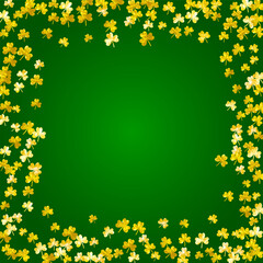 St patricks day background with shamrock. Lucky trefoil confetti. Glitter frame of clover leaves. Template for special business offer, banner, flyer. Irish st patricks day backdrop.