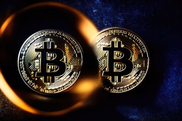 Bitcoin crypto currency coin, a dark contrast realistic photograph. Generative AI.
