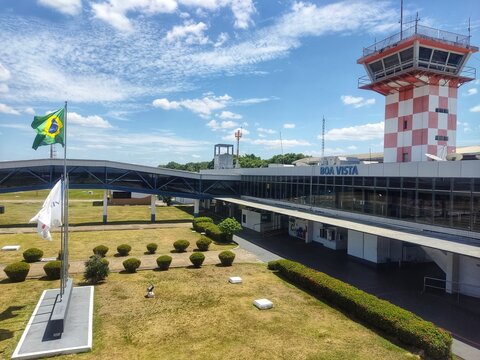 Boa Vista International Airport Atlas Brasil Cantanhede serves Boa Vista city, Roraima State, north of Brazil. View of brazilian flag and control tower 