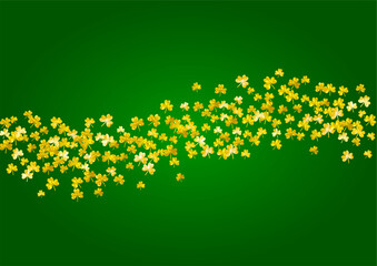 Shamrock background for Saint Patricks Day.  Lucky trefoil confetti. Glitter frame of clover leaves. Template for flyer, special business offer, promo. Celtic shamrock background.