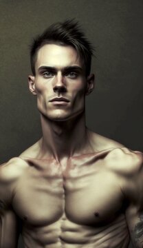  Young skinny guy, fitness model, with a strong jaw and pronounced cheekbones, dark hair, photo shoot.. Generative AI.