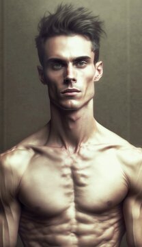  Young skinny guy, fitness model, with a strong jaw and pronounced cheekbones, dark hair, photo shoot.. Generative AI.