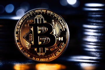 Bitcoin crypto currency coin, a dark contrast realistic photograph. Generative AI.
