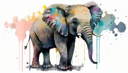 Abstract watercolor painting of a happy baby elephant with bright colors and an infectious smile. The colors used are bright and vibrant, resulting in a lively and energetic scene. Generative AI,