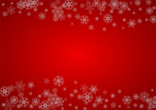 Christmas background with silver snowflakes and sparkles. Horizontal New Year and Christmas background for party invitation, banner, gift cards, retail offers. Falling snow. Frosty winter backdrop.