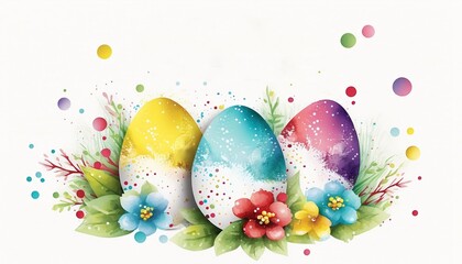 Fototapeta na wymiar Colored Easter eggs on a white background with watercolor leaves and flowers. It represents spring and rebirth. Suitable for postcards, greeting cards and advertising banners. Generative AI,