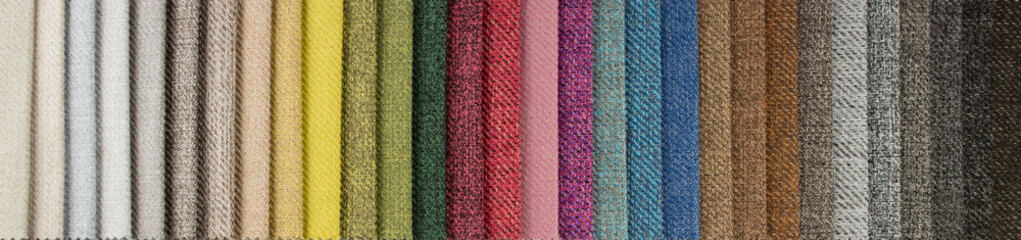 Bright collection of gunny textile samples. Set of fabric swatch samples texture. Samples of fabrics for furniture upholstery.