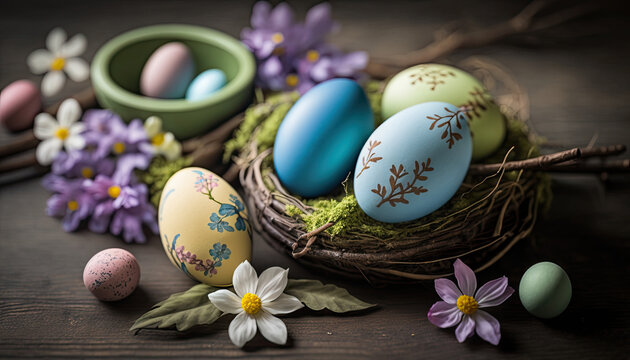 Colorful easter eggs on wood table