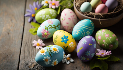 Fototapeta na wymiar Colorful easter eggs on wood table - copy space