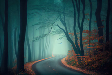 A road through a scary mystical forest.