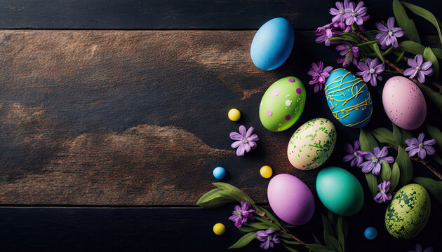 Colorful easter eggs on wooden board - copy space