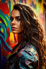 cute young woman with long hair, jeans jacket with colorful stains from graffiti spraying