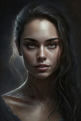 picture of a young woman, long black hair, natural makeup