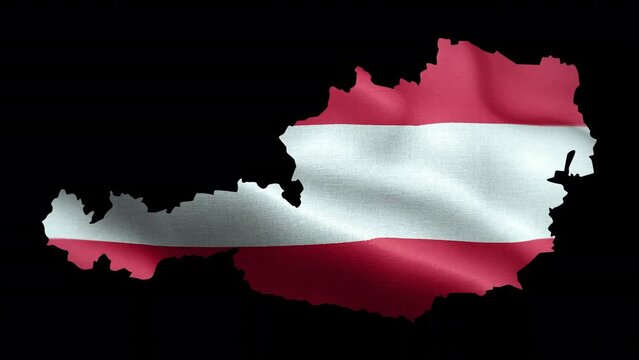 4K waving national flag of Austria on the map. With alpha channel seamless Austrian flag on territory. Outline geographic country border of Austria stock video.