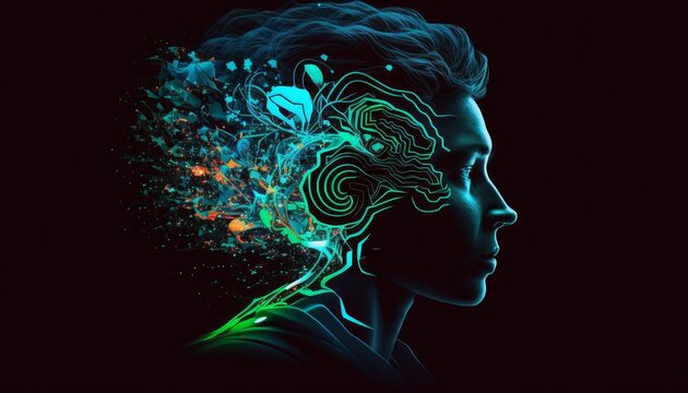 An illustration of technology exploding out of the mind. Generative AI