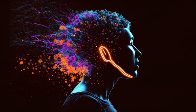 An illustration of technology exploding out of the mind. Generative AI