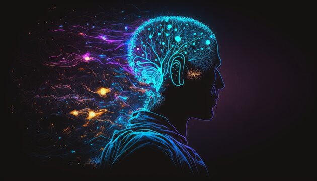 An illustration of technology exploding out of the mind. Generative AI