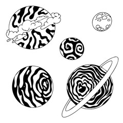 Planet. Star. Shooting star, Comet, Asteroid. Space object. Exploration of open space. Vector illustration in cartoon style.