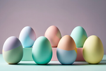 Creative minimal concept. Easter day. Pastel colored easter eggs. mock up, copy space. Illustration. Generative AI