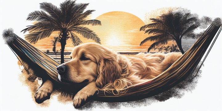 golden retriever sleeping in a hammock on the beach under a palm tree