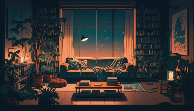 Lo fi chill living room, purple colors, generative ai