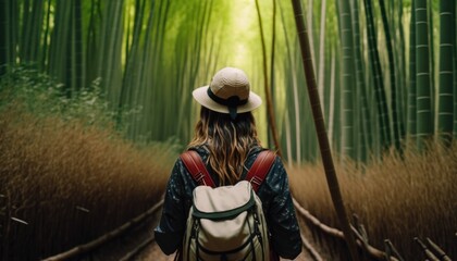 woman hiking bamboo forest, generative ai