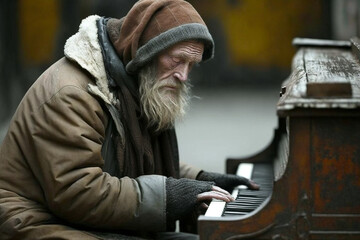 Fototapeta na wymiar Blind destitute old dirty beggar with beard playing the piano. Homeless man with a musical instrument. Ai generated