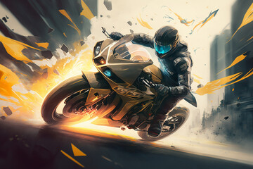 Motorcycle or bike rider speed concept. Motorbike with fire freedom concept. Sport motion race idea. Ai generated