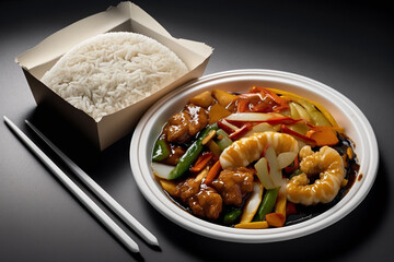 Chinese food with rice and thai sauce. Asian traditional classic cuisine meal arrangement. Ai generated.