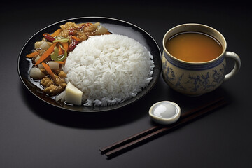 Chinese food with rice and thai sauce. Asian traditional classic cuisine meal arrangement. Ai generated.