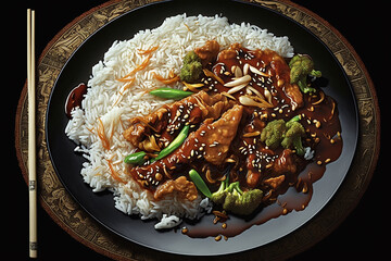 Chinese food with rice and thai sauce. Asian traditional classic cuisine meal arrangement. Ai generated.
