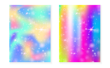 Fototapeta na wymiar Kawaii background with rainbow princess gradient. Magic unicorn hologram.
