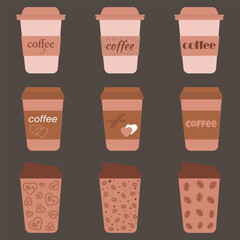 Coffee to go. Disposable cups with different lids, different colors and designs.