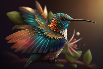 Fototapeta premium Incredible and beautiful colorful colibiri bird illustration. Exotic colorful hummingbird. Ai generated