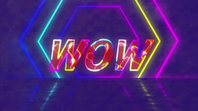 Animation of wow text over neon pattern on purple background