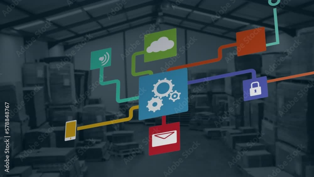Poster animation of network with icons and cloud and data processing over warehouse