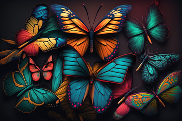 Obraz na płótnie Canvas Beautiful colored butterfly wallpaper background design texture pattern. Decorative design decoration. Ai generated